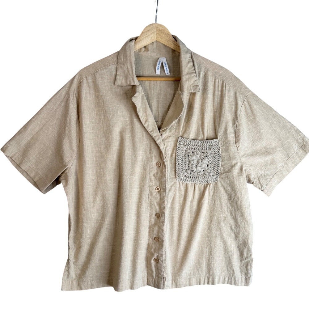 Womens Coastal Relaxed Crochet Pocket Button Up Shirt L Beige Cotton Earthy Top